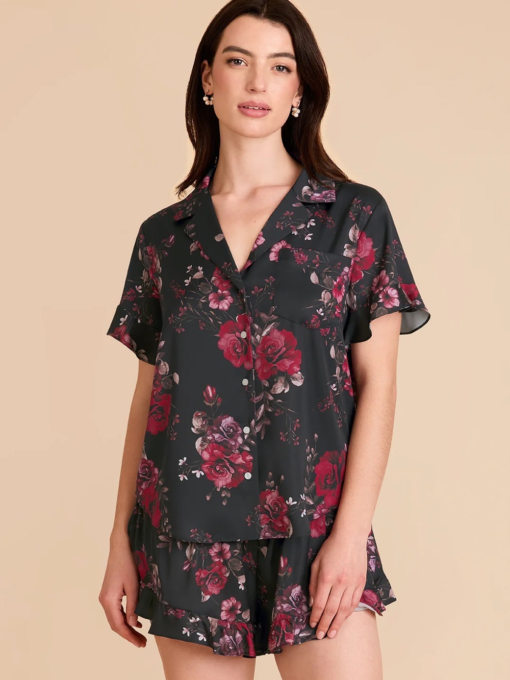 Birdy Grey Esther Pajama Set - Matte Satin Black Fleurs Damour